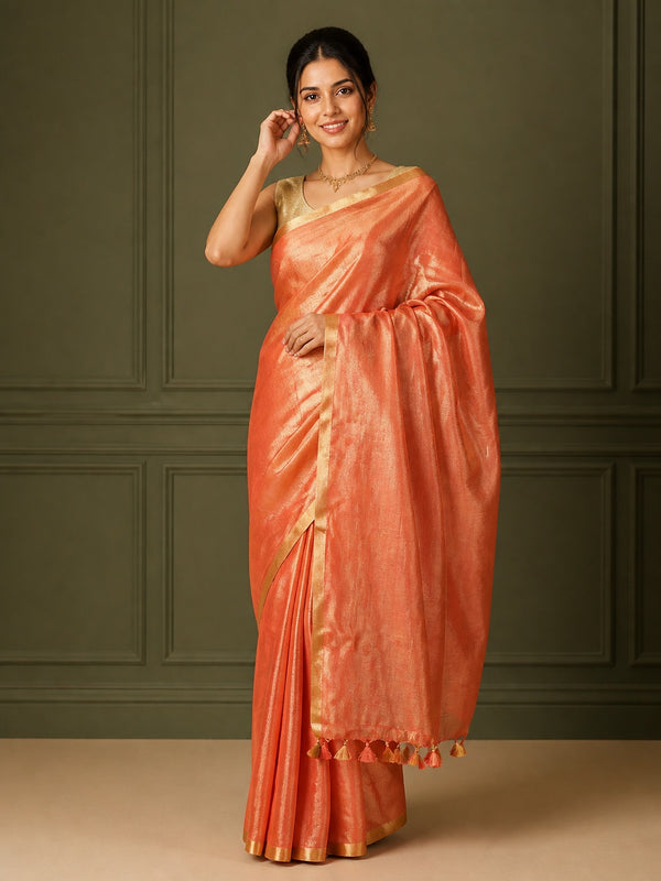 Colorful Pure Tissue Linen Handdyed Saree Orange