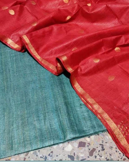 8038-Handloom Pure Katan Silk Red Dupatta Set with Green Tussar Silk Top (Silkmark Certified)