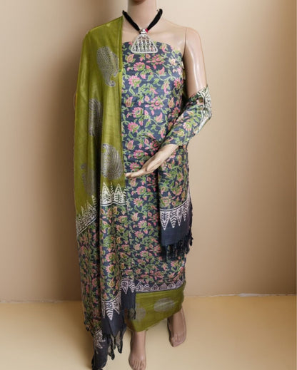 3761-Katan Silk Printed Suit Piece Grey Color with Bottom and Mustard Green Dupatta Handcrafted