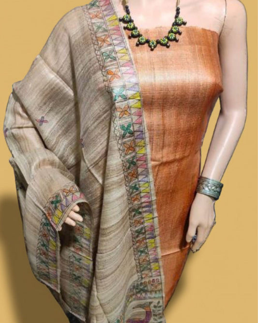 Silkmark Tussar Beige Madhubani Elegant Dupatta & Brown Top