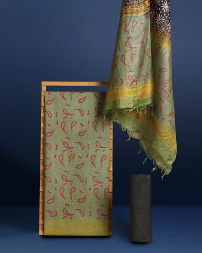 Katan Silk Luminous Blockprint Green Suit