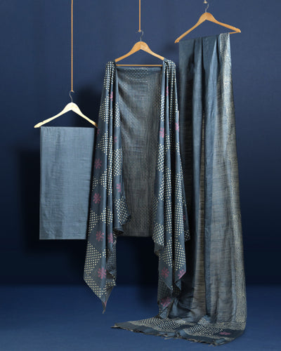 Katan Silk Idyllic Blockprint Metallic Blue Suit