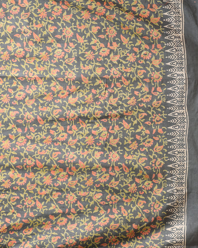 Katan Silk Printed Suit Piece Gray with Bottom & Dupatta-Indiehaat