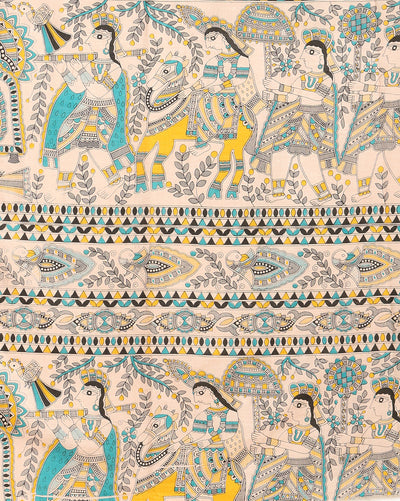 Katan Multi Colour Silk Printed Suit Piece with Bottom and Dupatta Handcrafted-Indiehaat