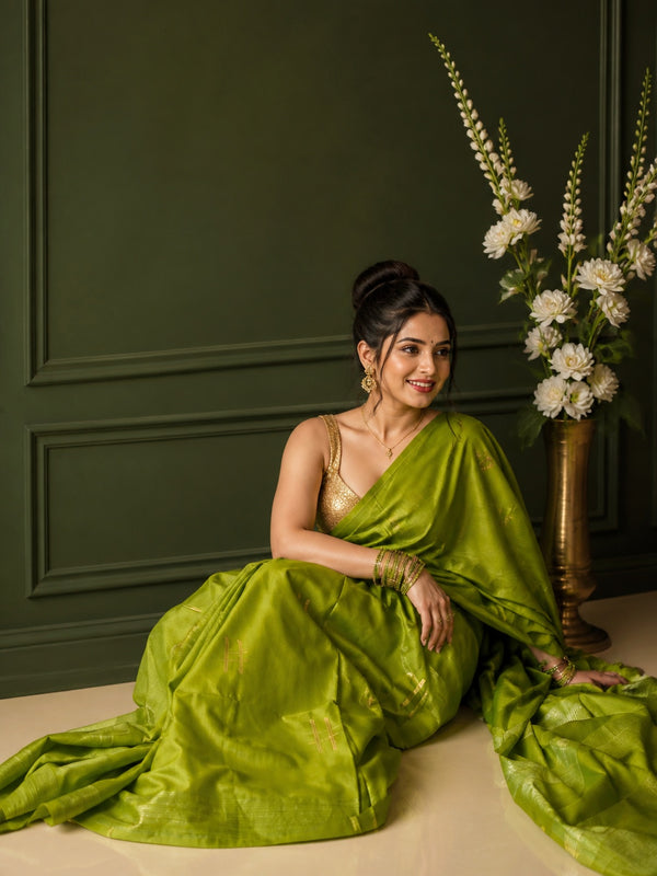 Katan Sap Green Silk Saree Handcrafted