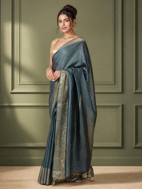 Silkmark Certified Moonga Tussar Bottle Green Silk Saree with Running Blouse Handcrafted-Indiehaat
