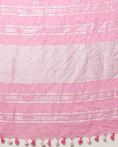 Pure Linen Embroidered Handloom Pink SareeSaree with Running Blouse Handcrafted-Indiehaat