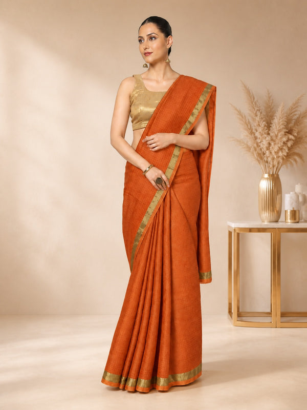 Kota Doria Pure Silk Orange Saree Hand Dyed with Blouse-Indiehaat