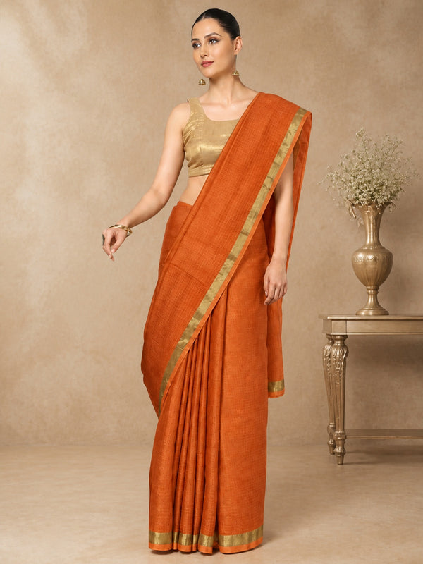 Kota Doria Pure Silk Orange Saree Hand Dyed with Blouse-Indiehaat