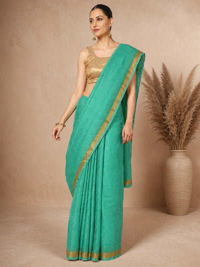 Kota Doria Pure Silk Green Saree Hand Dyed with Blouse-Indiehaat