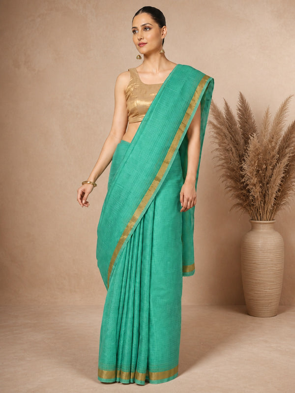 Kota Doria Pure Silk Green Saree Hand Dyed with Blouse-Indiehaat