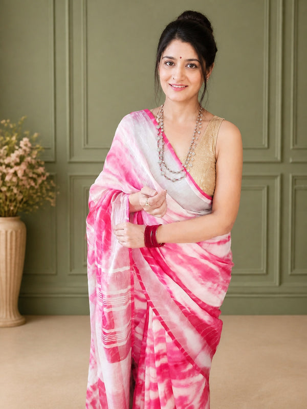 Linen Shibori Pink Hand Dyed Saree with Blouse-Indiehaat