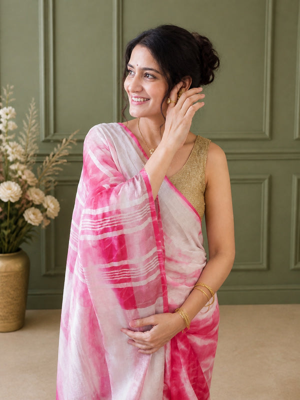 Linen Shibori Pink Hand Dyed Saree with Blouse-Indiehaat