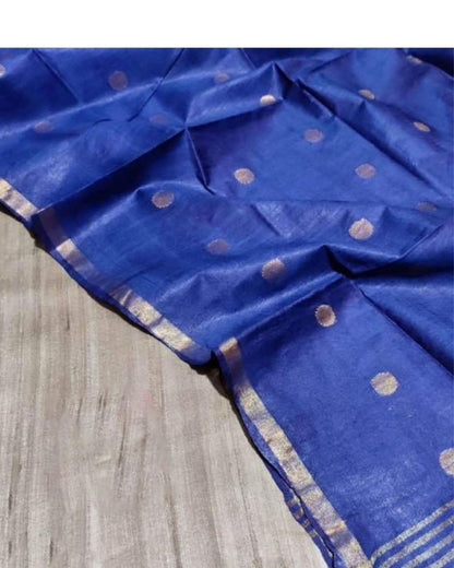8089-Handloom Pure Katan Silk Blue Dupatta Set with Biege Tussar Silk Top (Silkmark Certified)