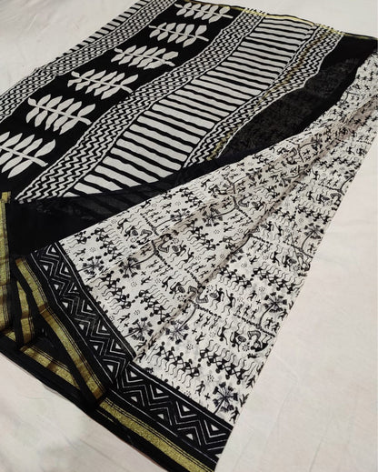 6627-Chanderi Masrise/Mercerised Cotton Silk saree Hand block Print Black and White Colour with running blouse