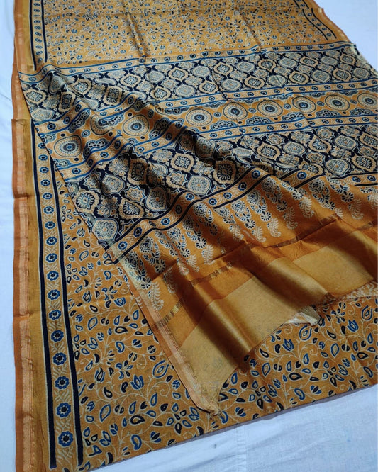Ajrakh Printed Marigold Yellow Chanderi Silk Saree