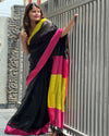 Handwoven Pure Linen Black Saree with Blouse-Indiehaat