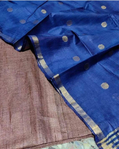 8687-Handloom Pure Katan Silk Blue Dupatta Set with Brown Tussar Silk Top (Silkmark Certified)