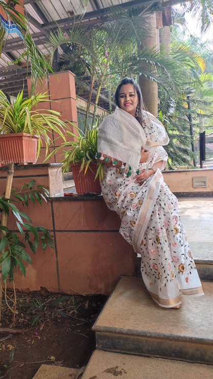 Silk Linen Embroidered Handloom Saree White With Blouse-Indiehaat