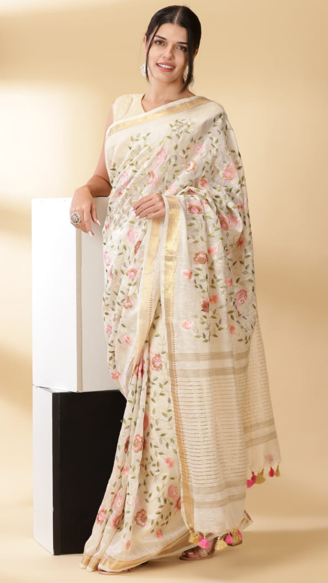 Silk Linen Embroidered Handloom Off White Saree with Blouse-Indiehaat