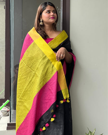 4964-Handwoven Pure Linen Black Saree with Blouse