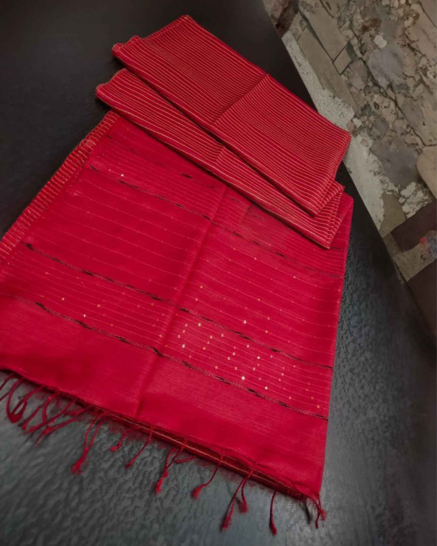 Striped Katan Silk Carmine Red Saree Handcrafted