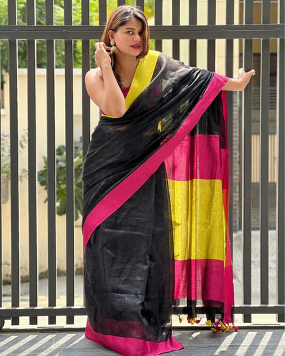 4964-Handwoven Pure Linen Black Saree with Blouse