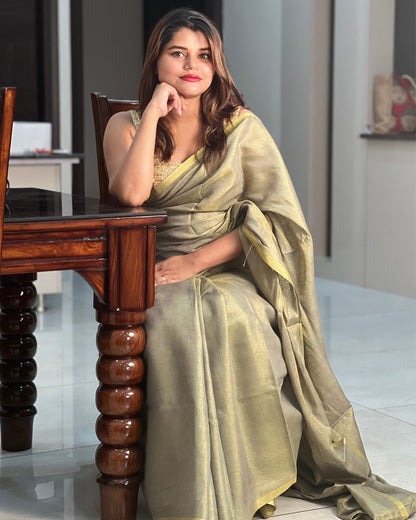 Hand Dyed Pure Tissue Linen Grey Color Saree With Running Blouse Hand Dyed-Indiehaat