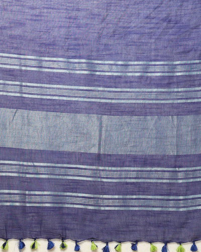 Slub Linen Hand Dyed Blue Saree with Contrast Blouse-Indiehaat