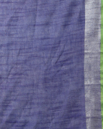 Slub Linen Hand Dyed Blue Saree with Contrast Blouse-Indiehaat