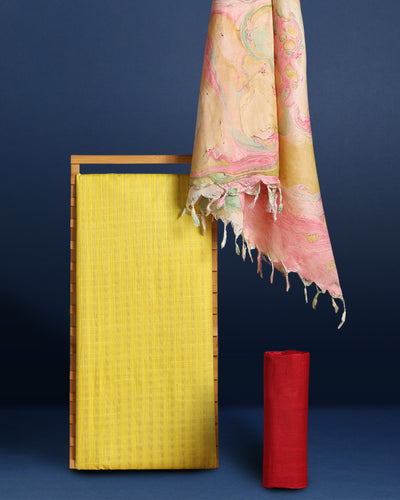 Abstract Katan Silk Tie Dyed Yellow & Pink Suit (T+B+D)