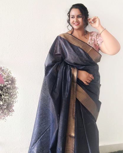 6010-Kota Slub Saree Striped Body Sequence Pallu Hand Dyed Navy Blue Color with Blouse