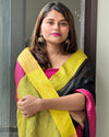 Handwoven Pure Linen Black Saree with Blouse-Indiehaat