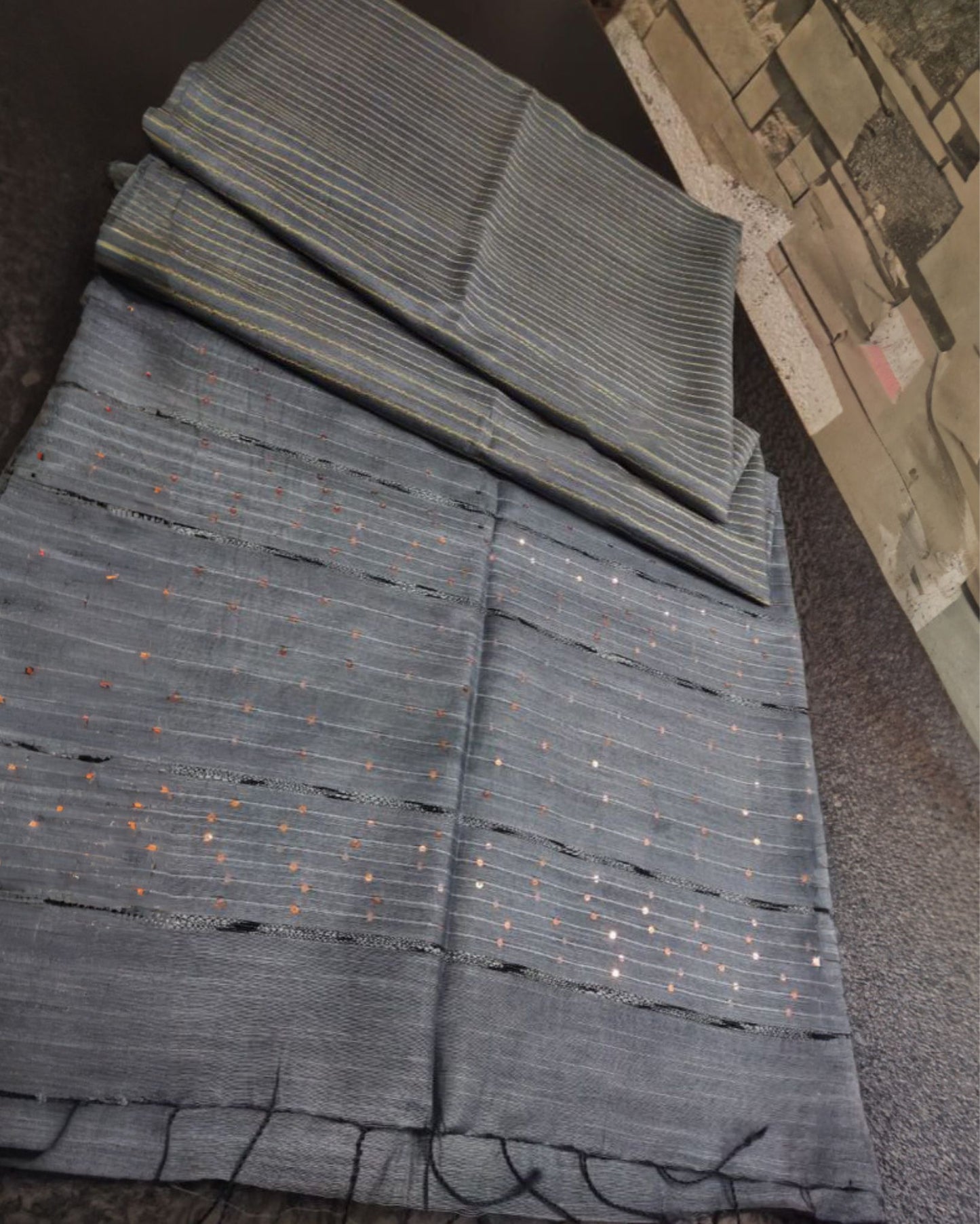 1784-Katan Silk Saree Striped Shuttle Grey Colour Design with Running Blouse Handcrafted