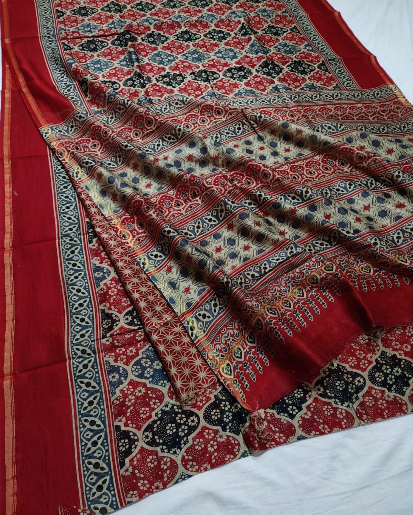 1589-Chanderi Masrise/Mercerised Cotton Silk Patola Print Saree Pohutukawa Red Colour with Running Blouse