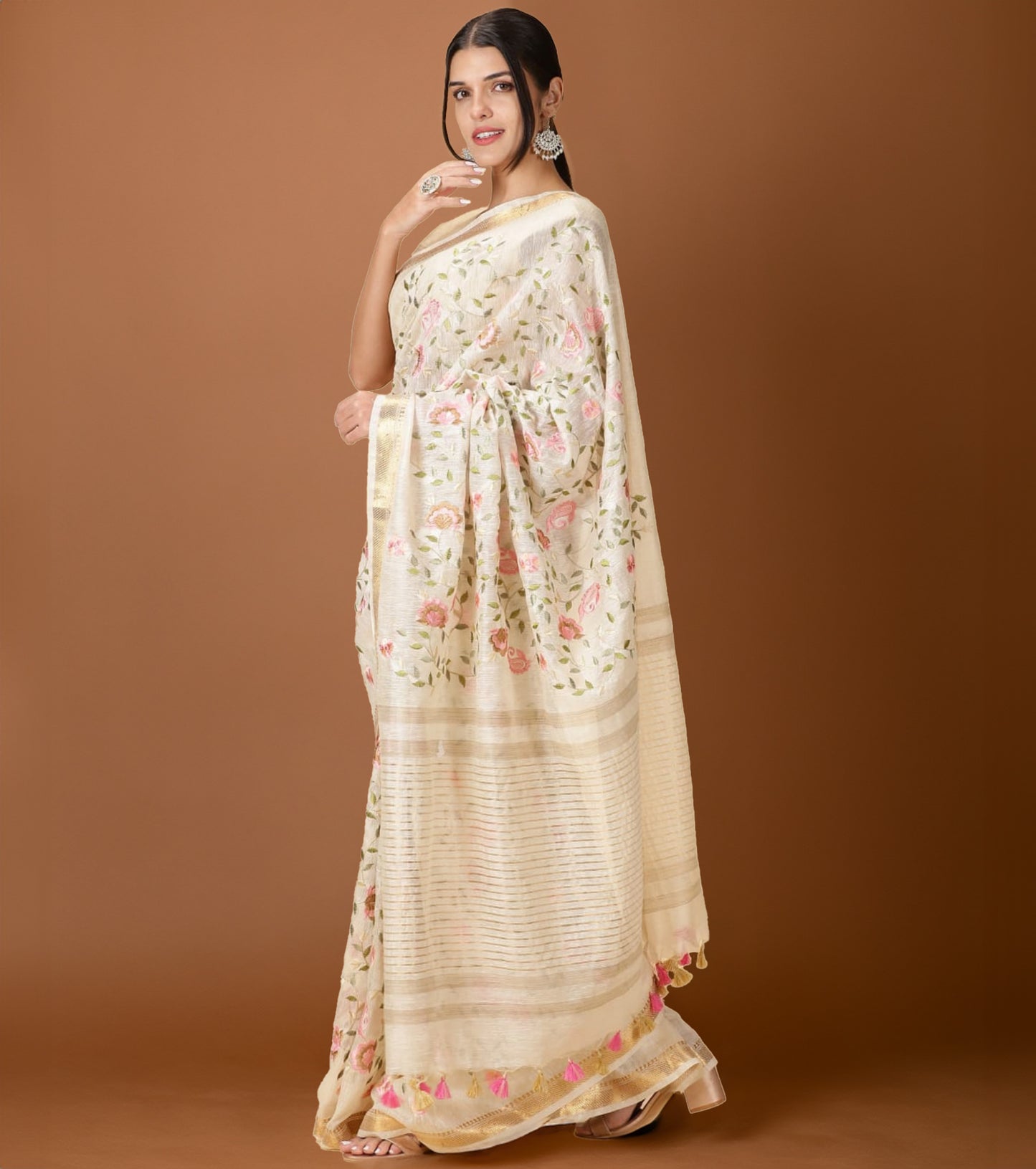 7486-Silk Linen Embroidered Handloom Off White Saree with Blouse