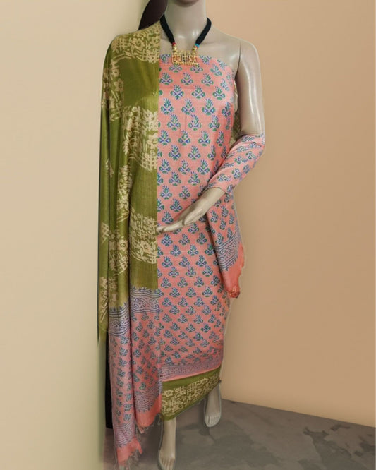 1082-Katan Silk Printed Suit Piece Pink Color with Bottom and Dupatta Handcrafted