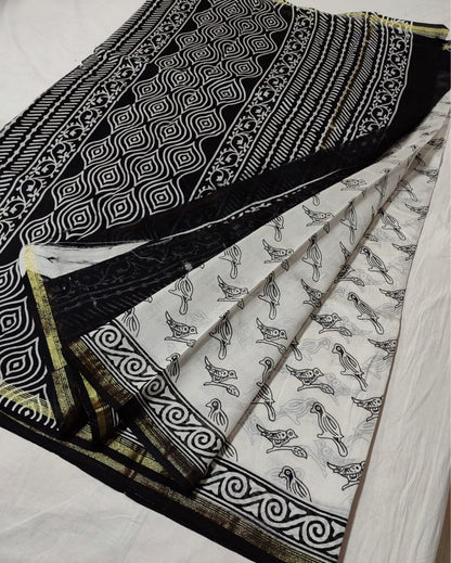 1620-Chanderi Masrise/Mercerised Cotton Silk saree Hand block Print Black and White Colour with running blouse