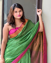 Handwoven Pure Linen Green Saree with Blouse-Indiehaat