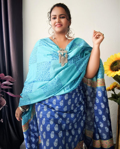 Katan Silk Decorous Blockprint Blue & Green Suit