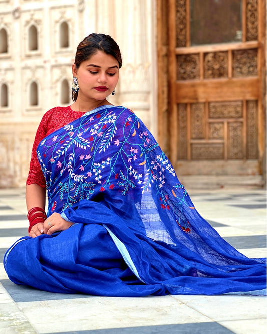 Artistic Pure Linen Handloom Saree Blue Embroidered