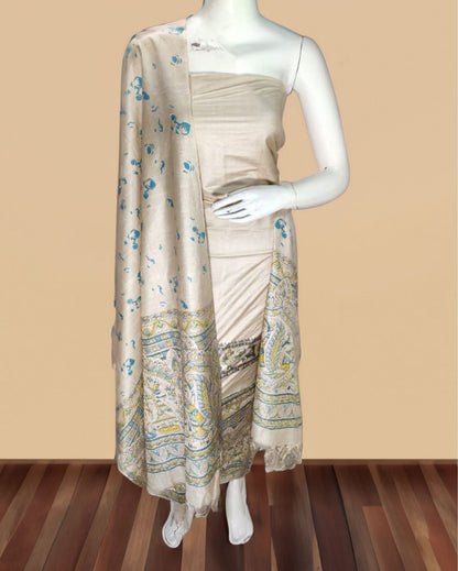 8521-Katan Pastel Gray Silk Madhubani Printed Suit Piece with Bottom and Grey & Blue Dupatta Handcrafted