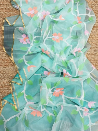 Indiehaat | Pure Muslin Silk Jamdani Saree Blue