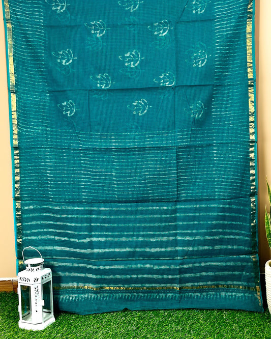 Indiehaat | Kota Cotton Blue Saree Handblock printed running blouse Bagru Ajrakh Dabu