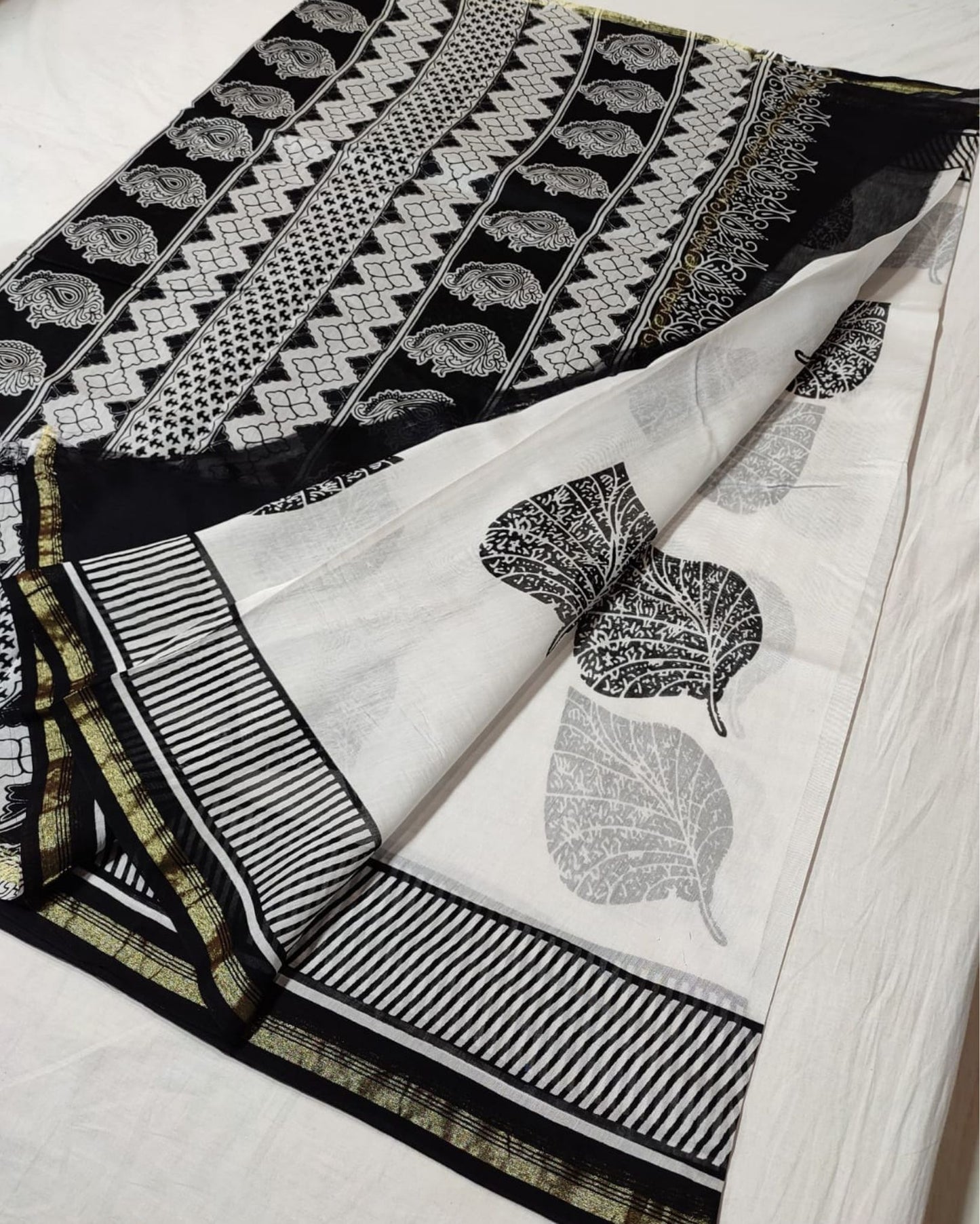 6502-Chanderi Masrise/Mercerised Cotton Silk saree Hand block Print Black and White Colour with running blouse