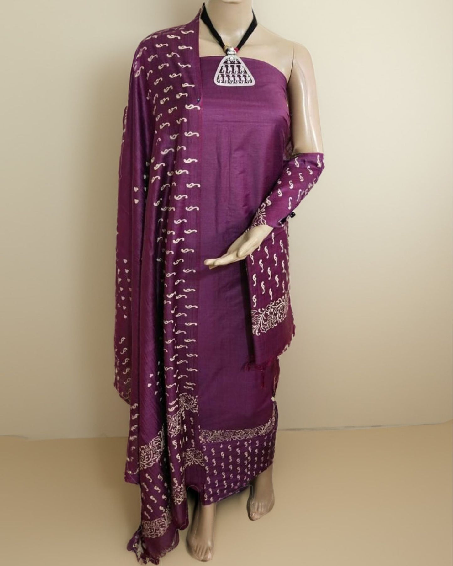 Katan Silk Lustrous Blockprint Violet Suit