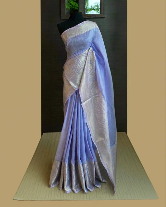 Shining Banarasi Silk Linen Handloom Blue Saree
