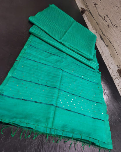 6361-Katan Silk Persian Green Saree Striped Design with Running Blouse Handcrafted