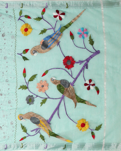 Kota Doria Paithani Embroidery Designer Saree Pale Green