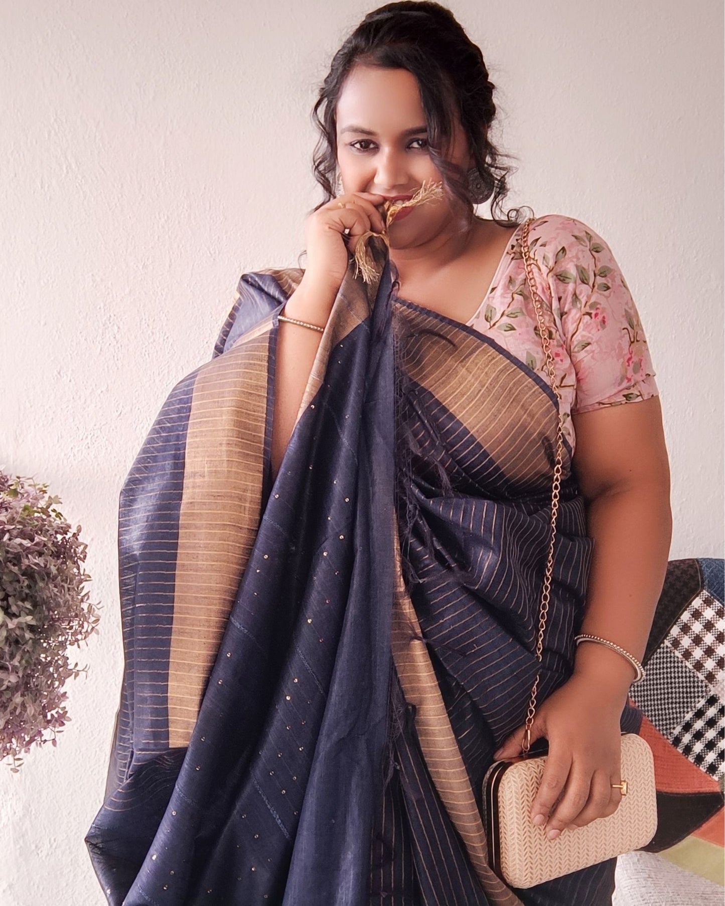 6010-Kota Slub Saree Striped Body Sequence Pallu Hand Dyed Navy Blue Color with Blouse